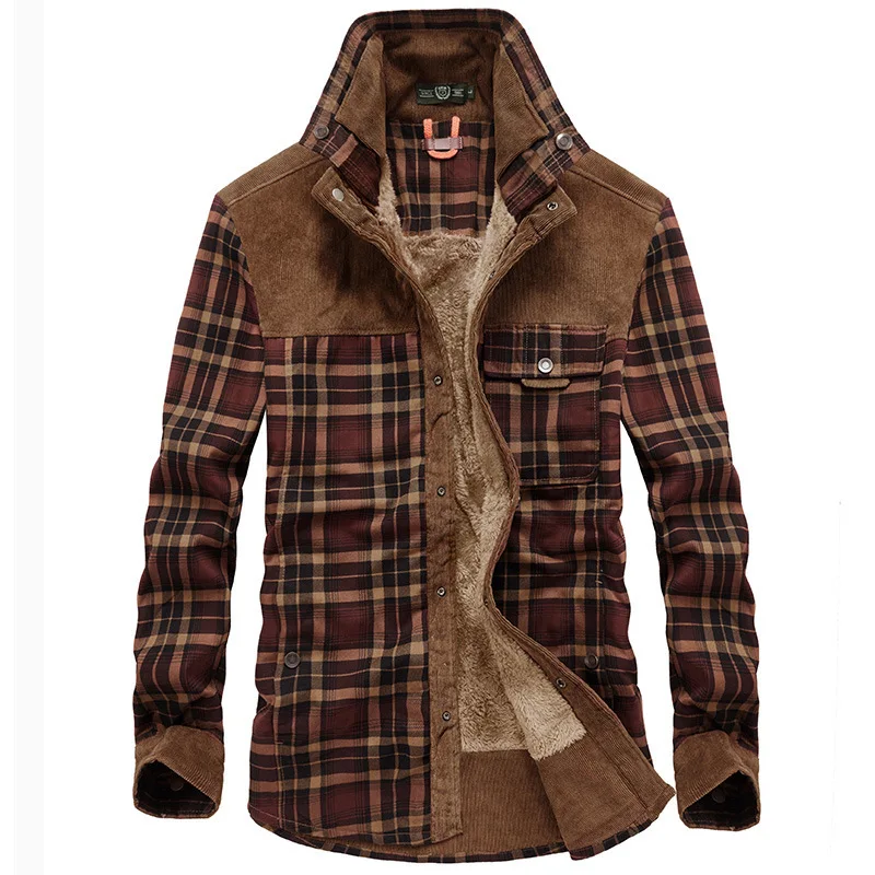 Fleece-Lined Thickened Long-Sleeve Plaid Warm Business Casual Fashion Cotton Shirt Jacket Men's