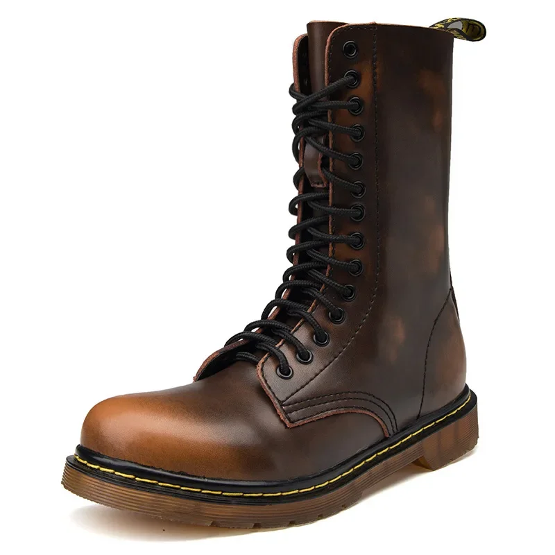 Unisex Large Size Cowhide Vintage Lace-up Combat Boots Men Riding Flat Women Motorcycle Short Snow Warm Plush