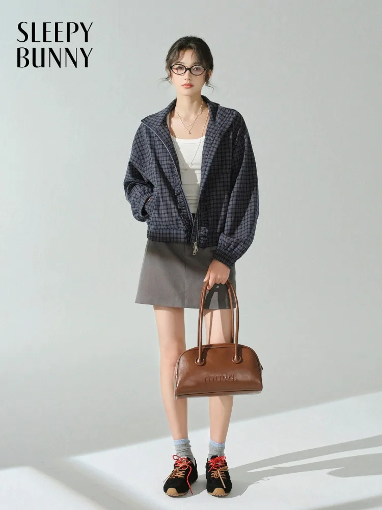 Retro Plaid Jacket Women Stand Collar Zip Up Coat Casual Loose Fit Outerwear Autumn Retro Top for Daily Layering Street Fashion