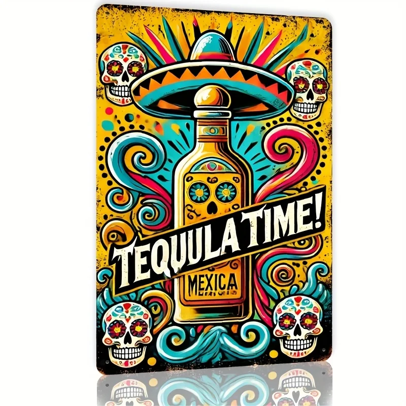 Letrero artístico de pared retro "Mexican Tequila Time", diseño vibrante del Día de los Muertos, decoración de metal duradera para el hogar, cocina, comedor