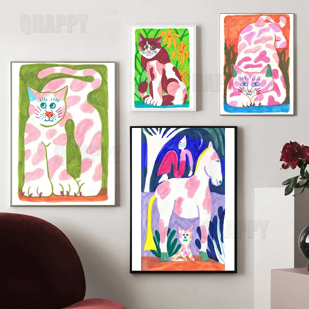 

Abstract Animals Poster Pink Spotted Cat Wall Art Canvas Painting Nursery Cartoon Picture For Kid‘s Room Home Decor