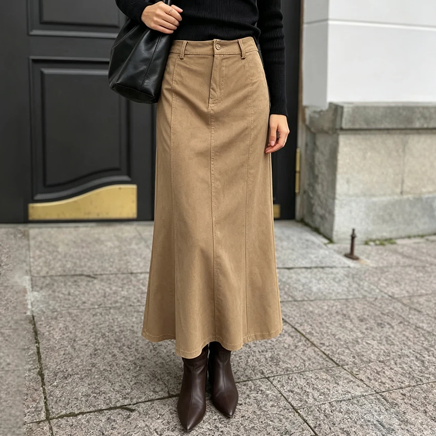 Linad Office Lady Khaki Button Mid Calf Skirts Autumn Vintage Suede High Waist Trumpet Skirt Woman Street Chic Zipper Skirt 2026