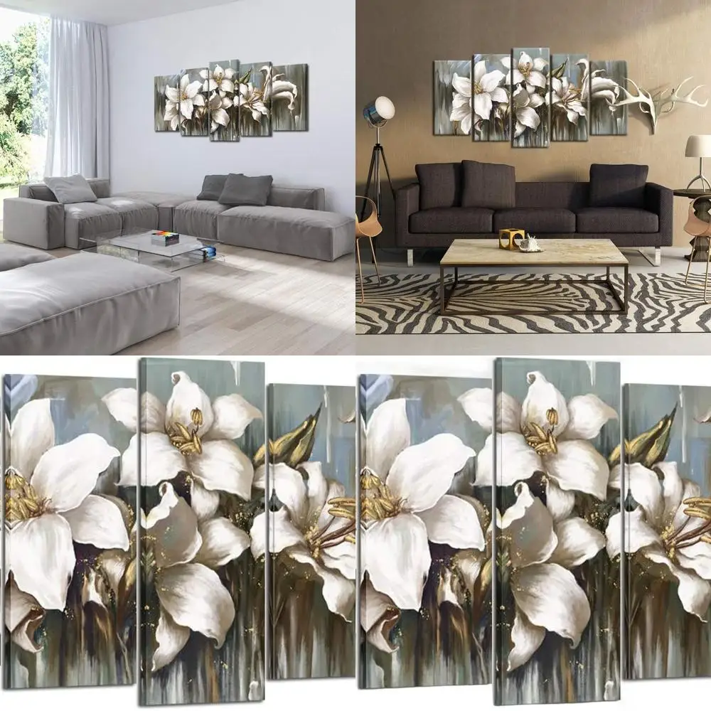 

Современный цветочный холст — настенный декор с 5 панелями и тюльпанами, белый и серый, для гостиной (60x32 дюйма)