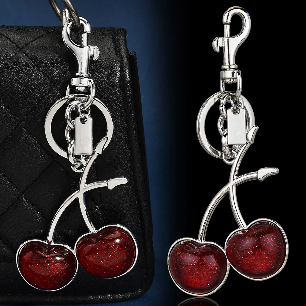Cherry Keychain Red Glitter Resin Bag Charm Custom Engravable Silver Tag Y2k Aesthetic Purse Pendant for Women Backpack Decors