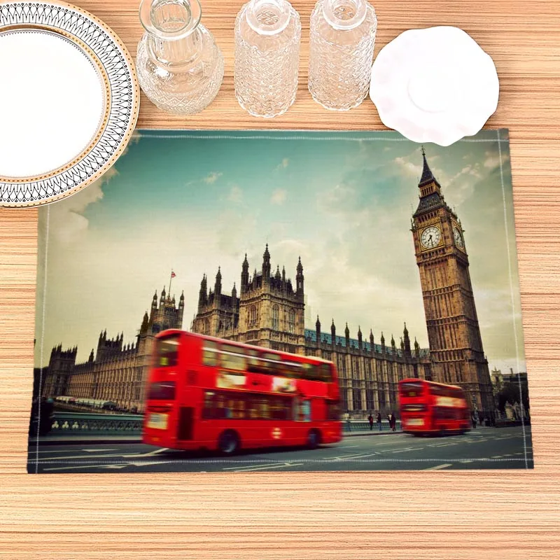 Home Decor London Street Print Linen Dining Table Mats Alphabet Kitchen Placemat 30X40cm Coasters Pads Bowl Cup Mat