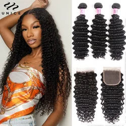 Unice Hair Deep Wave Bundles With Closure Human Hair Extensions Deep Curly 3 Bundles with Closure Remy Hair Bundles with Closure