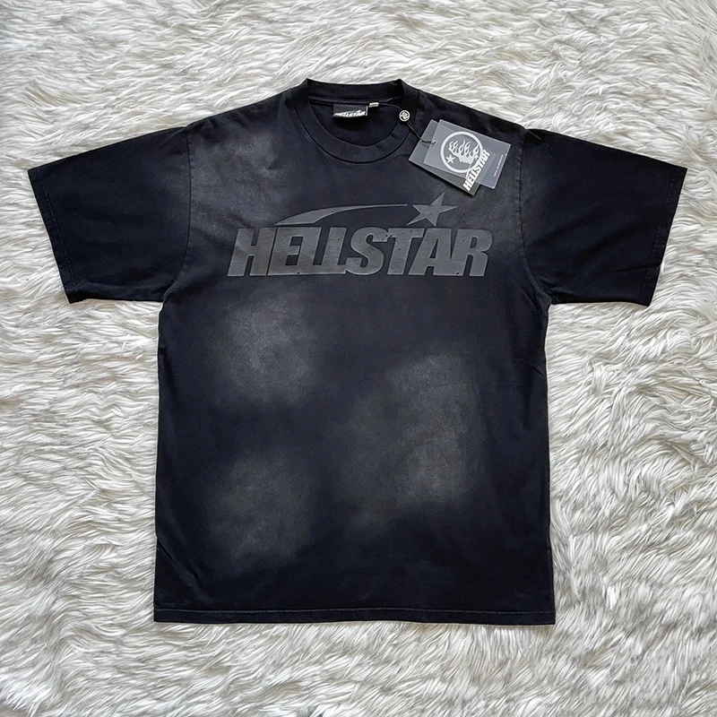 Pure Cotton Short Sleeve T-Shirt Unisex Washed Sport Logo Tee Youthful Trend Standard Fit round Neck from HELLSTAR STUDIOS