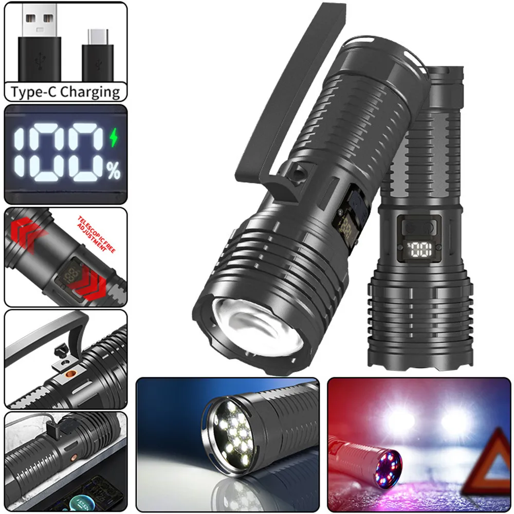 High Power XHP360 LED Flashlight Multifunctional With Digital Display Tail lights Handle For Outdoor Camping Lighting