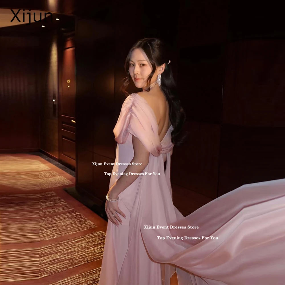

Xijun Pink Chiffon Long Evening Dresses Off The Shoulder Fairy Prom Dresses A-Line Pleated Formal Prom Gowns 2026 Customized