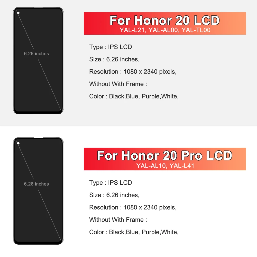 6.26\'\' For Honor 20 YAL-L21 LCD Touch Screen Digitizer Assembly Replace For Honor 20 Pro LCD Display YAL-L41 Replacement