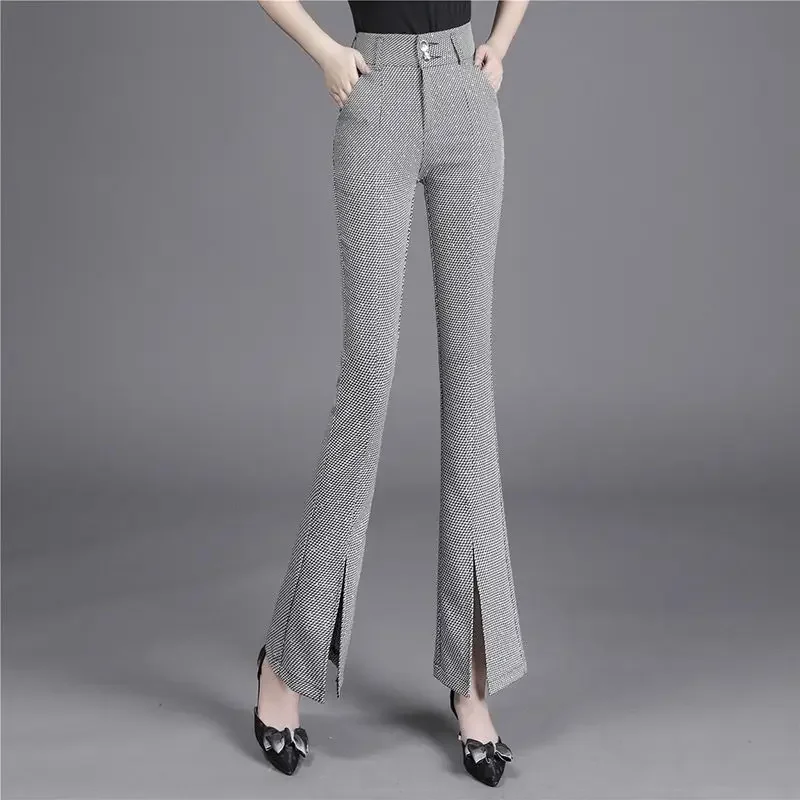 

Slim High Waist Split Flare Pants Women Clothing Summer New Plaid Chic Korean Fashion Women Grey Casual Suit Trouser B361