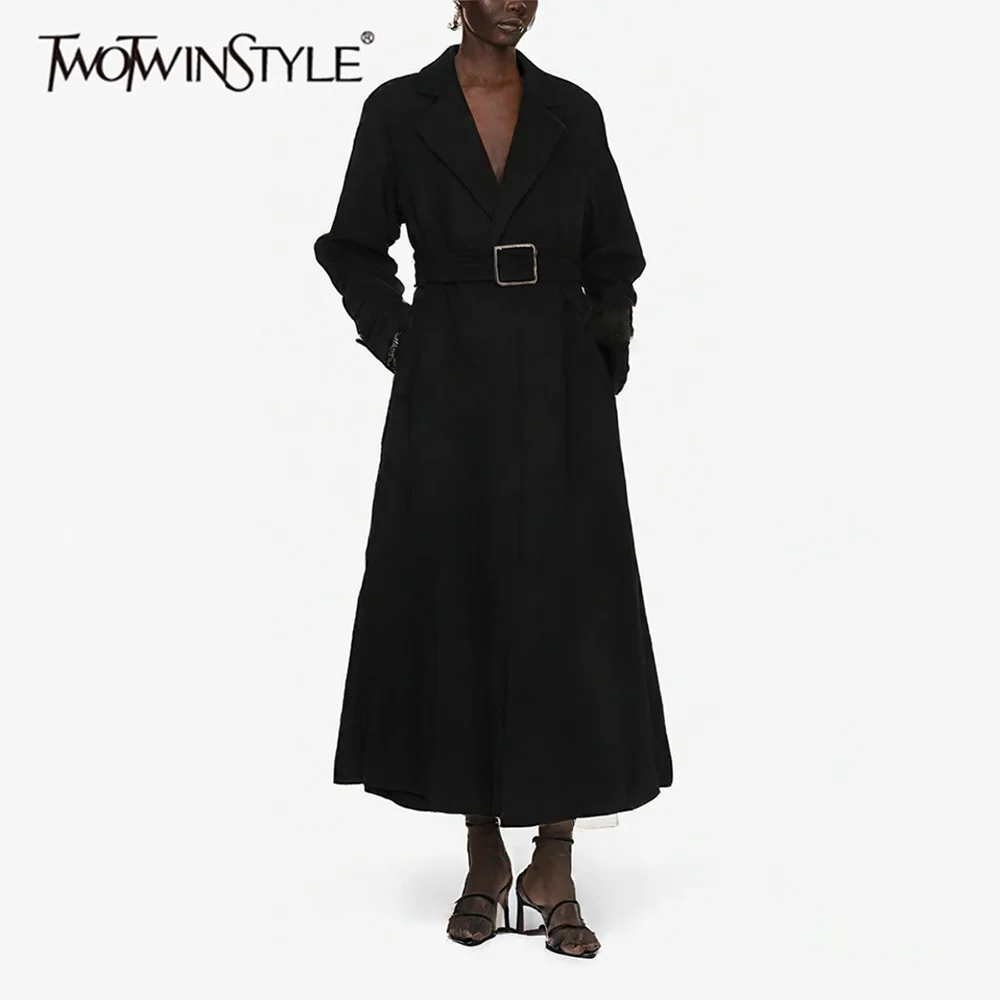 

TWOTWINSTYLE однотонное утягивающее базовое пальто с поясом для женщин, минималистичное пальто с лацканами и длинными рукавами, высокой талией, женская мода, новинка