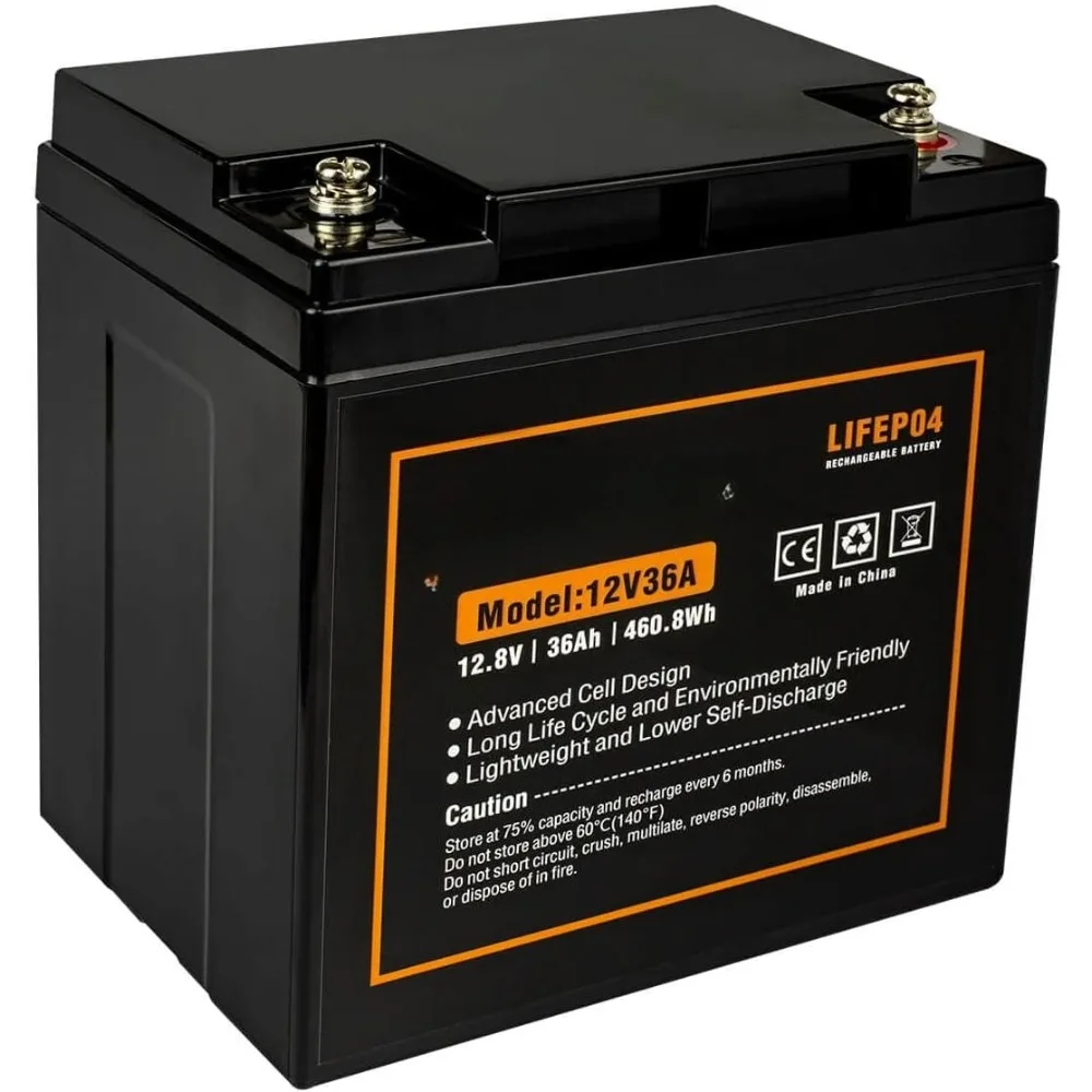 

12V 36Ah Lithium LiFePO4 Deep Cycle Battery, 2000+ Cycles Lithium Iron Phosphate Rechargeable Battery for Solar, RV, Scooter,Cus