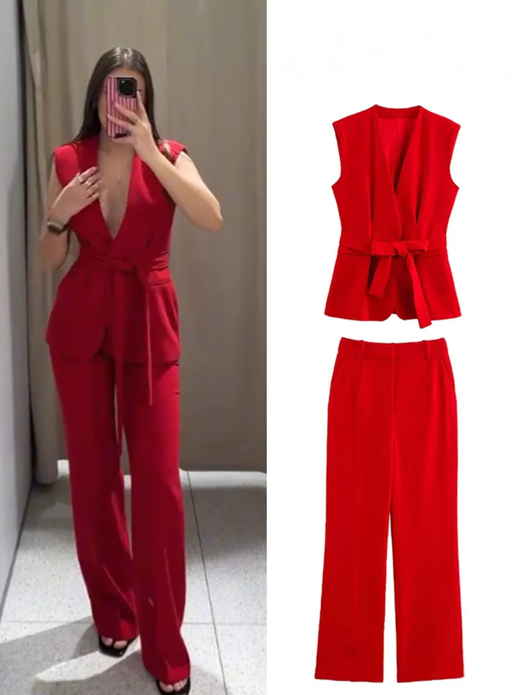 

HH Women Elegant V Neck Sleeveless Belt Wrinkles Decorate Vest Top+High Waist Side Pocket Zipper Solid Long Pant 2 Piece Set