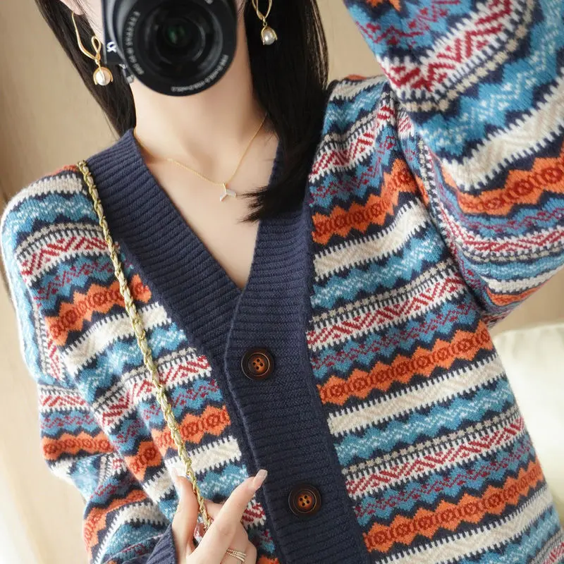 Women Autumn and Winter New Fashion Vintage V-Neck Knitwear Cardigan Color Striped Button Splicing Versatile Long Sleeves Coat