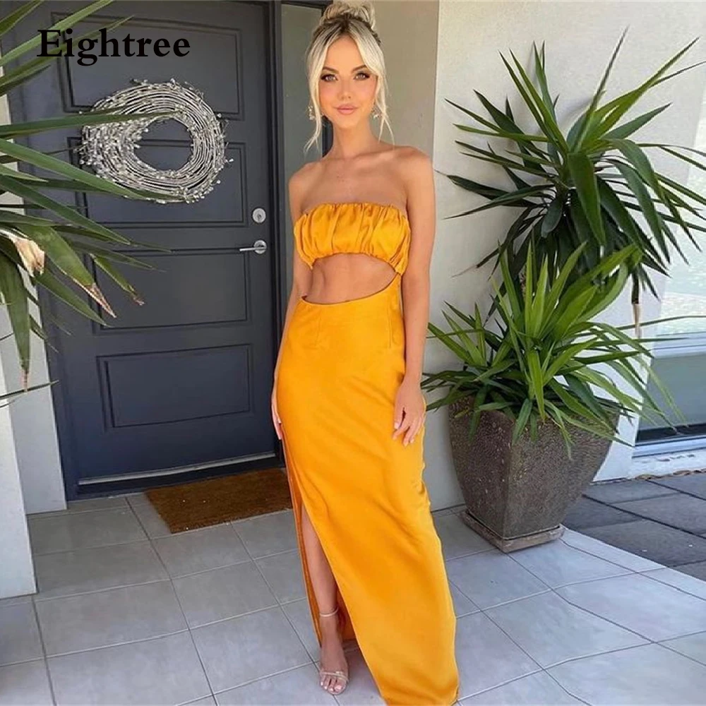 

Orange Strapless Long Side Slit Evening Dresses Sleevesless Bridal Formal Club Gowns Long Prom Party Dress Vestidos de festa