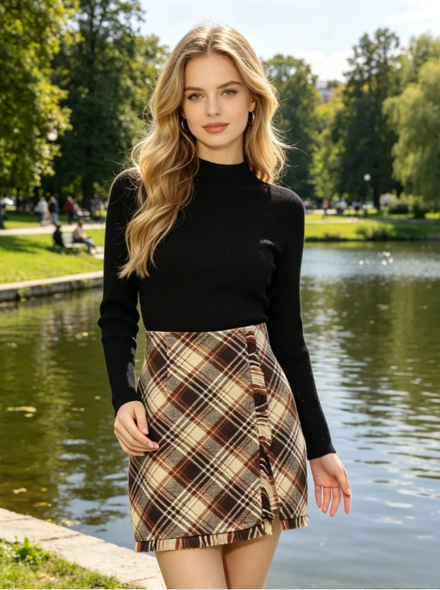

Autumn Winter Warm Short Skirts for Women Original Japanese Style High Waist Slimming Tassel Casual Woolen Plaid Skirt Femme