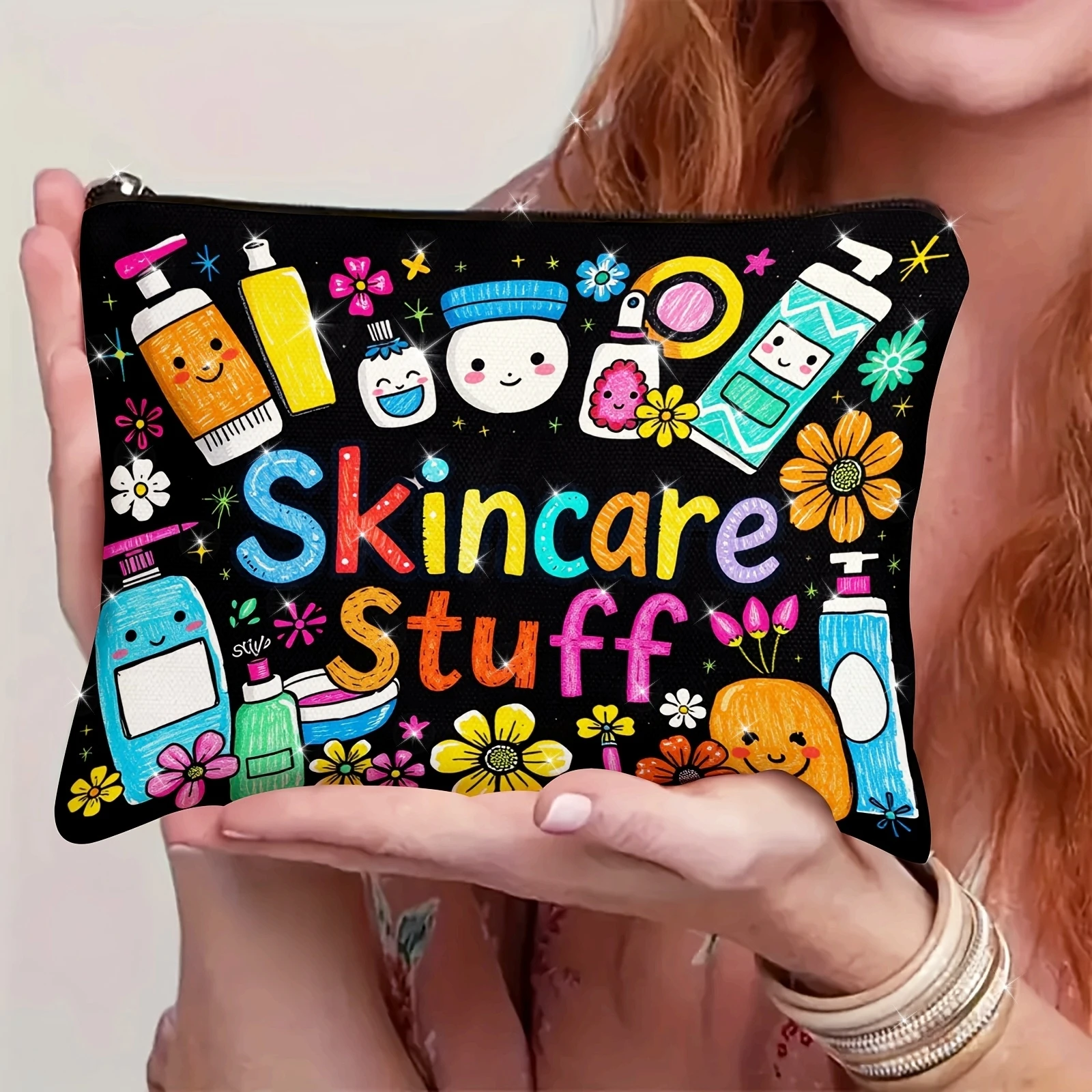 1 borsa per il trucco nera pastello per la cura della pelle, organizer leggero con cerniera con stampa cosmetica vibrante, custodia da toilette da viaggio, borsa per il trucco