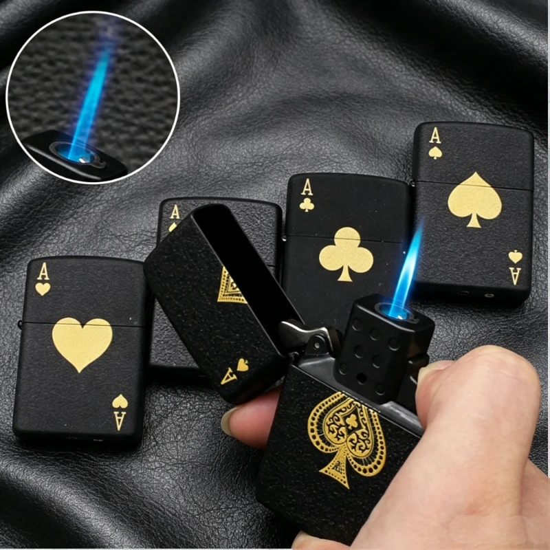 Metal Matte Playing Card Ace Pattern Windproof Jet Lighter, Inflatable Straight Blue Flame Cigarette Lighter, Creative Gift