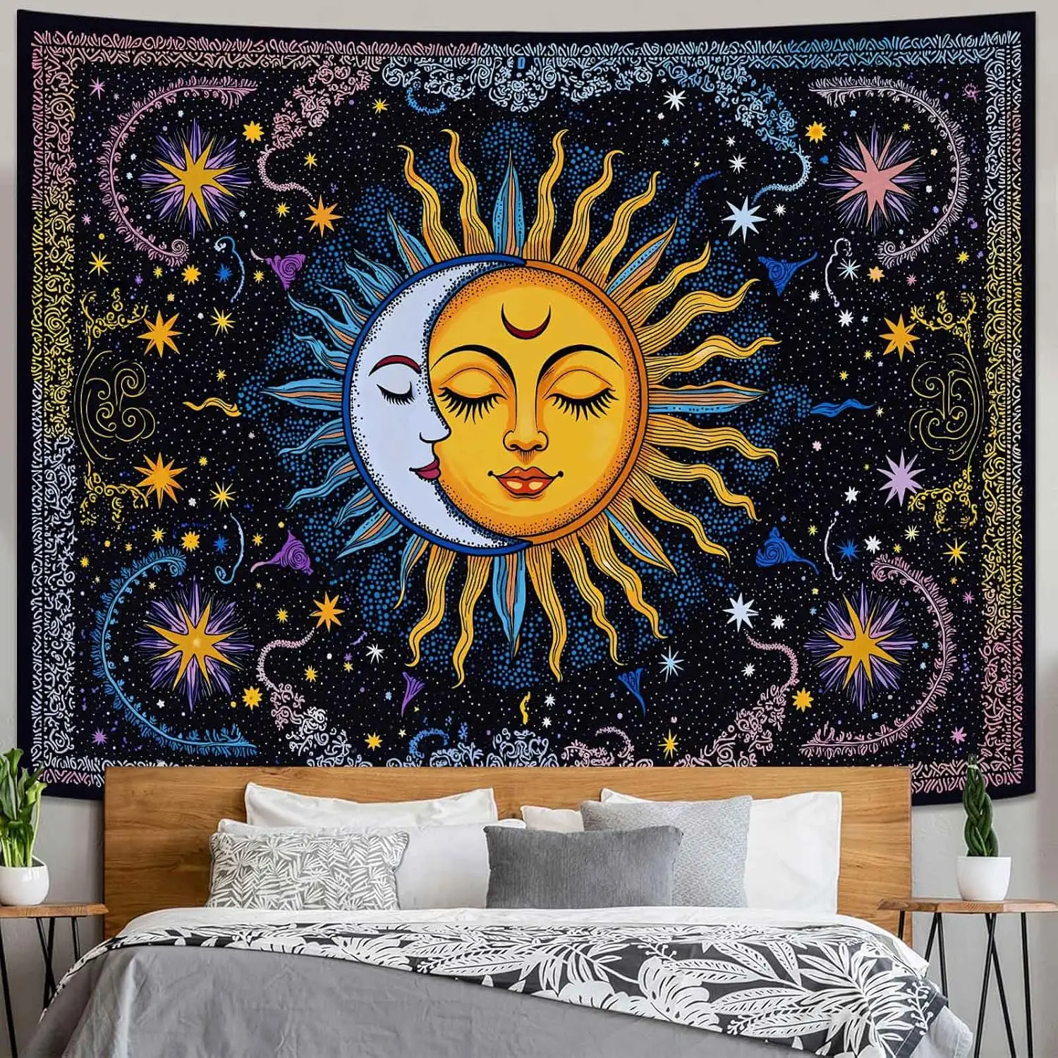 Boho Sun and Moon Tapestry, Colorful Celestial Starry Sky Mandala Print Wall Hanging for Bedroom Living Room Dorm Decor