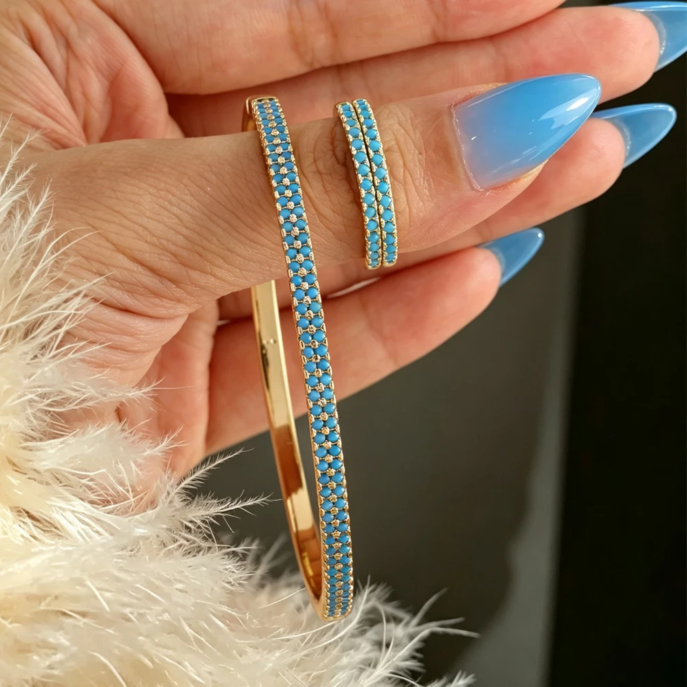 ZAKOL 3-teiliges Set: Auffälliges Doppelreihiges Rundes CZ-Armband und Ringe für Damen, Exquisiter Türkis-Zirkon-Schmuck, Einfaches Schmuckgeschenk – Detail 5