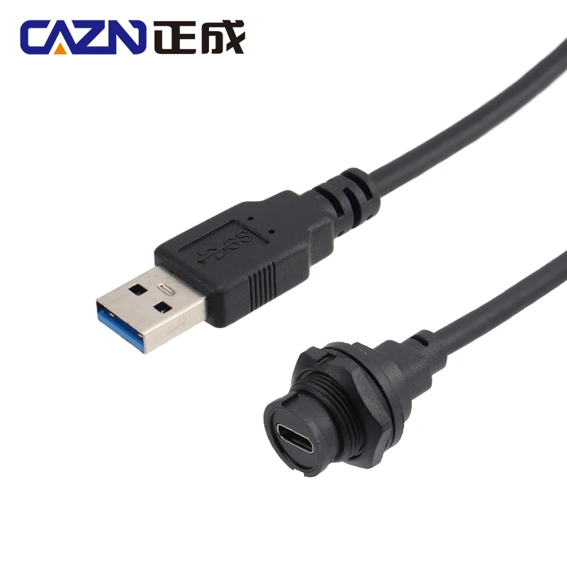 CAZN Waterproof IP67 IP68 Type C Female Rear Mount Receptacle to USB Male Overmolded Cable Bayonet-type Type-C 3.0 5GB