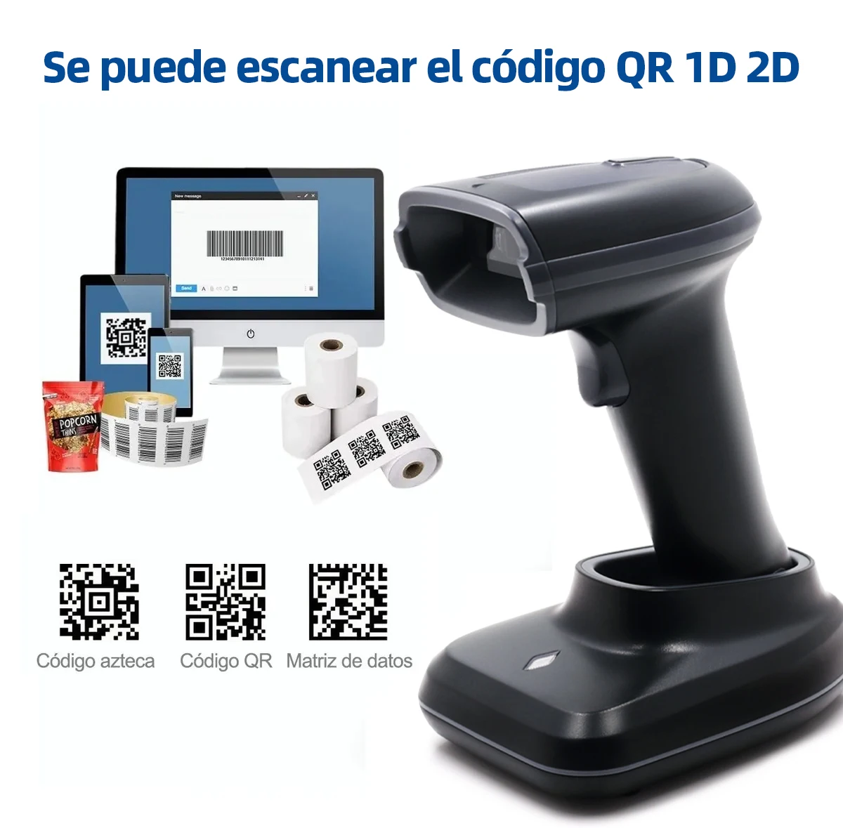 Wireless Portable 1D&2D with Stand Bluetooth Barcode Scanner: Hand Scanners 3-in-1 Vibration, Cordless, Rechargeable Scan Gun