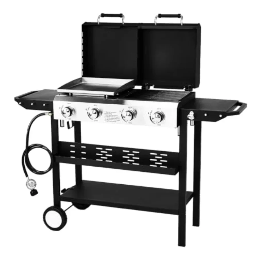 4 Burner Propane Gas Grill and Griddle Combo, 40000 BTU Freestanding Flat Top Griddle and BBQ Grill with Ignition, Lids and Por