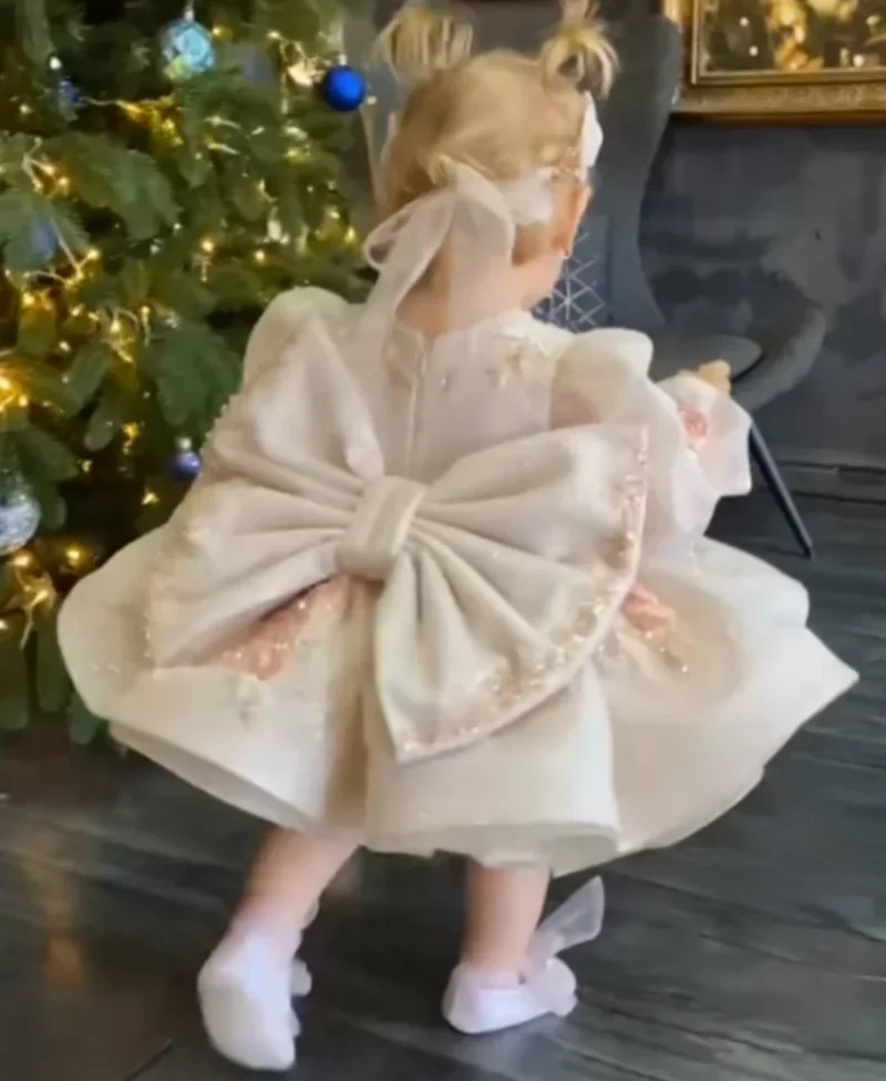 Abito tutù con scollo a O, abito in tulle con maniche lunghe a sbuffo e grande fiocco, personalizzato, scintillante, avorio, per neonato, primo compleanno