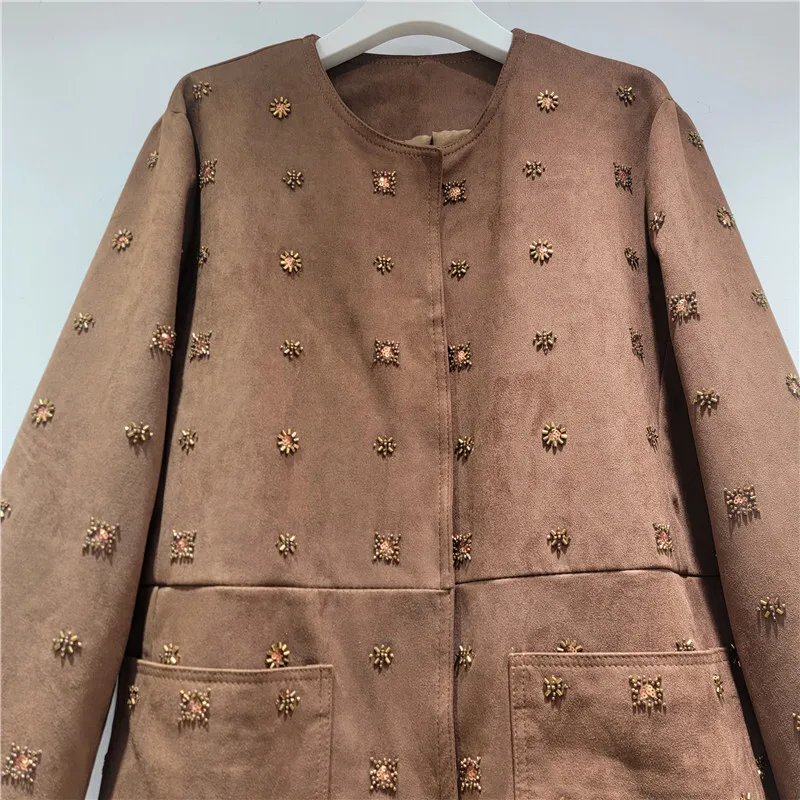 HKSH printemps automne nouvelles femmes veste Faux daim artisanat lourd perlé col rond poches élégant Streetwear français élégant manteaux HK12009