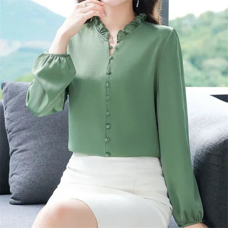 

Women's High Quality Silk Ruffled Elegant Blouse Korean Fashion Solid Slim Office Lady Casual Shirt Long Sleeve Chic Tops Blusas