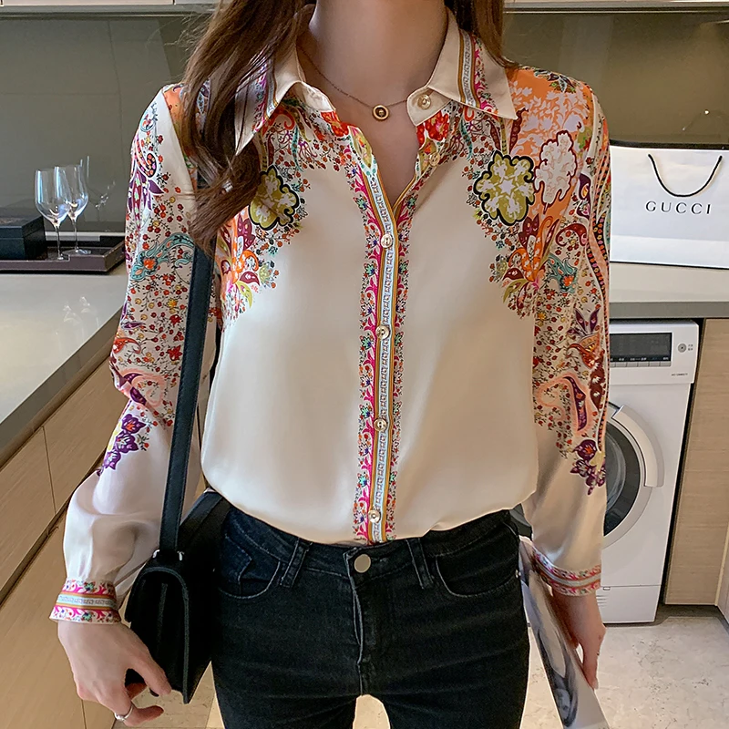 Fashion flower printing shirts for ladies New elegant Women\'s Blouses Long Sleeve Button-Down Tops blusa mujer