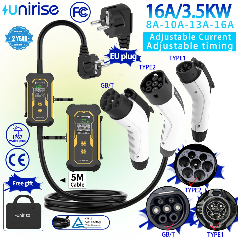 

EV Charging Type2 Portable Charger 3.5KW 16A 1Phase Wallbox Charger Type1/GBT 5M Cable EU Plug EVSE Charging Adjustable current