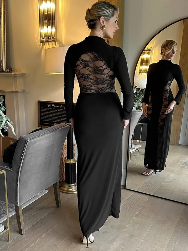 Solid Black Maxi Dresses For Women Aesthetic Clothes Long Sleeve Vestidos Elegantes Para Mujer Lace Splicing Sexy Robe Femme