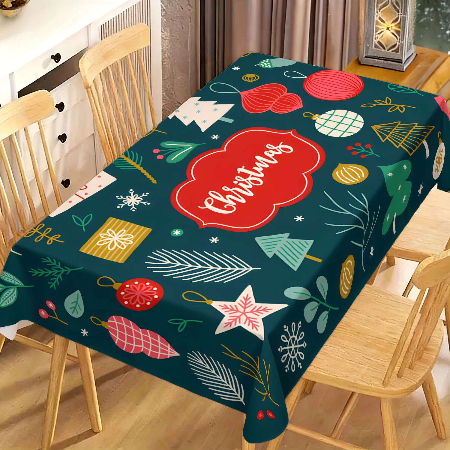 1pc 2D Flat Tablecloth,Christmas Tree Baubles Gift Box Snowflake Small House Printed Rectangle Tablecloth,Decor for Dining Table
