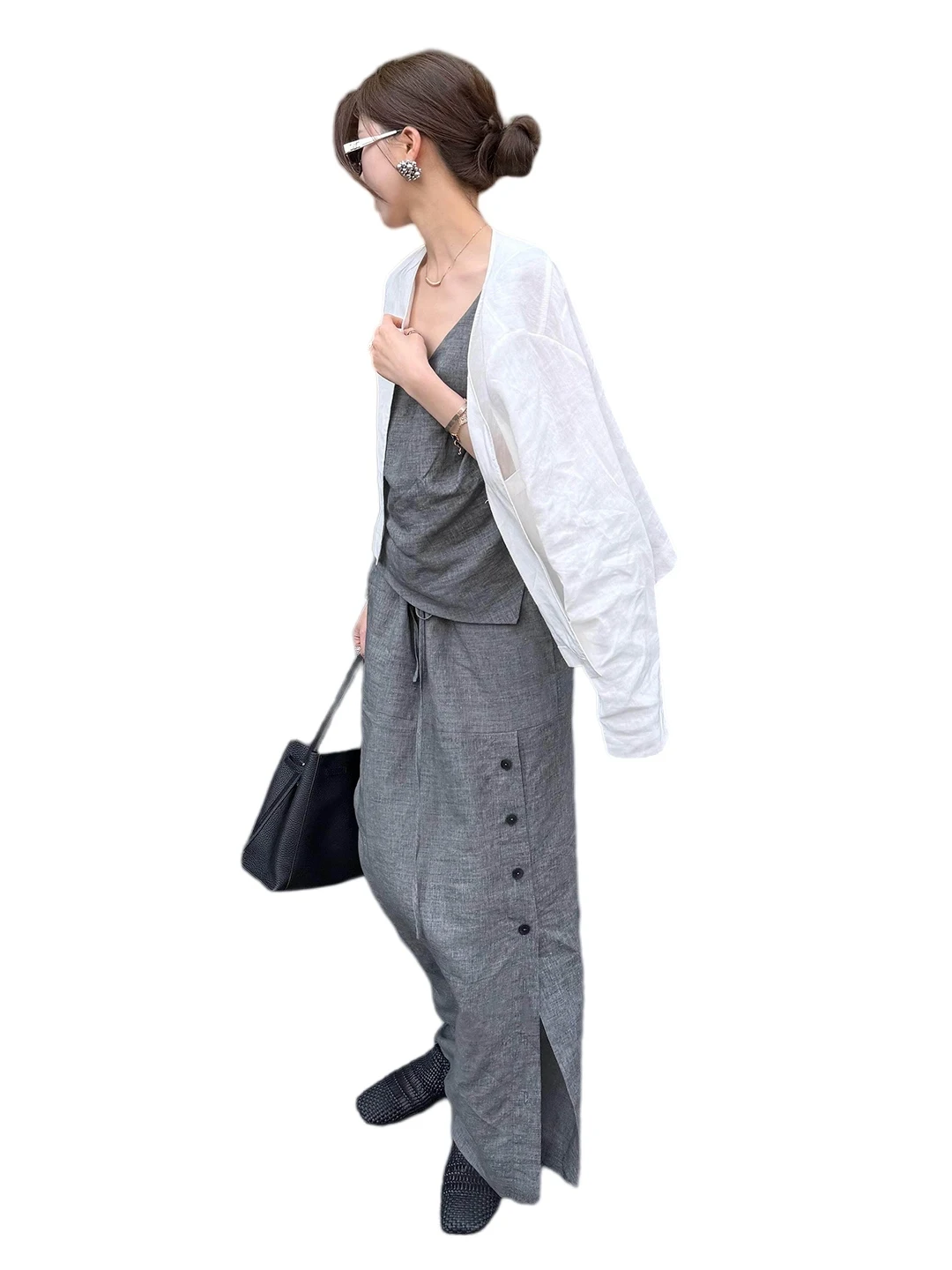 Korean Loose V-neck Linen Set Women Summer Design Open Cardigan Sleeveless Top Half Skirt Two-piece Set Casual Style Pure Color