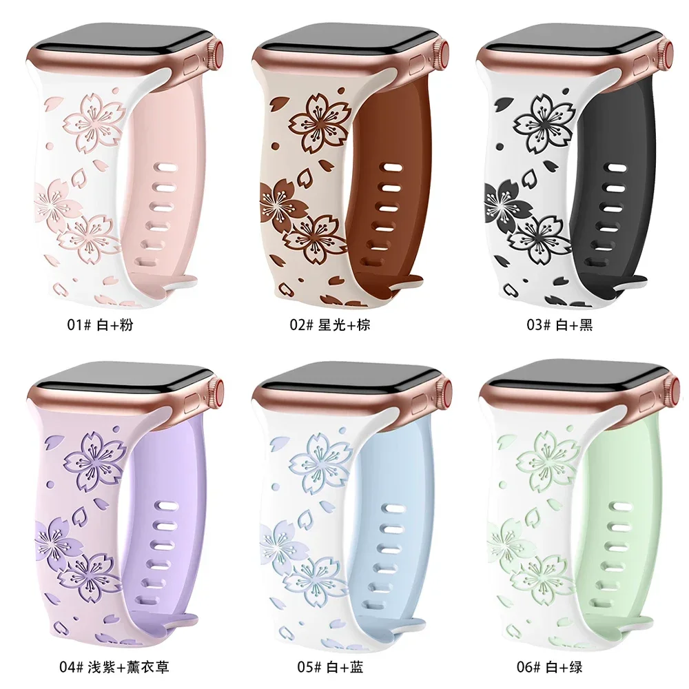 Silicone Band for Apple Watch Series 10 9 8 7 41mm 45mm 46mm Ultra 2 Two-Tone Engraved Floral Strap for iWatch 6 5 4 Se S10 42mm - Image 3