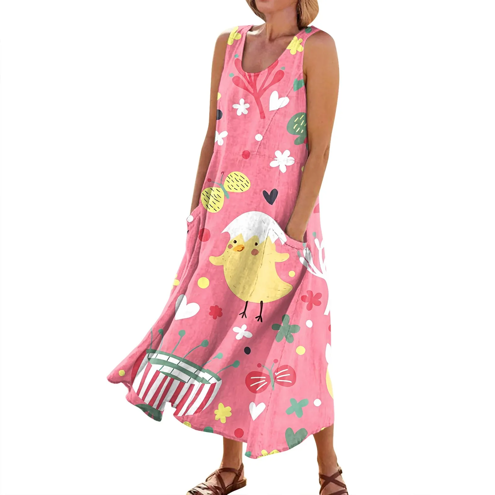 Dresses For Prom Elegant Easter Print Ankle-Length Dresses For Womens 2023 O-Neck Sleeveless Ladies Frocks فستان سهرة نسائي