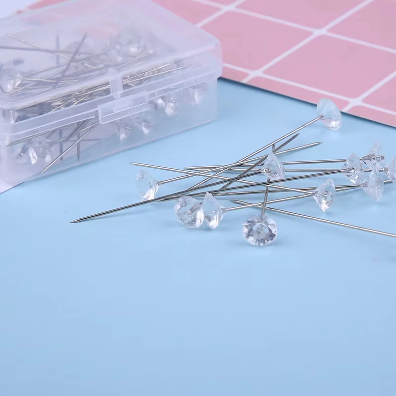 Fenrry 100Pcs/Box Diamond Pins Crystal Head Corsage Sewing Pins Straight Pins for Dressmaking Party Decorations with Plastic Box