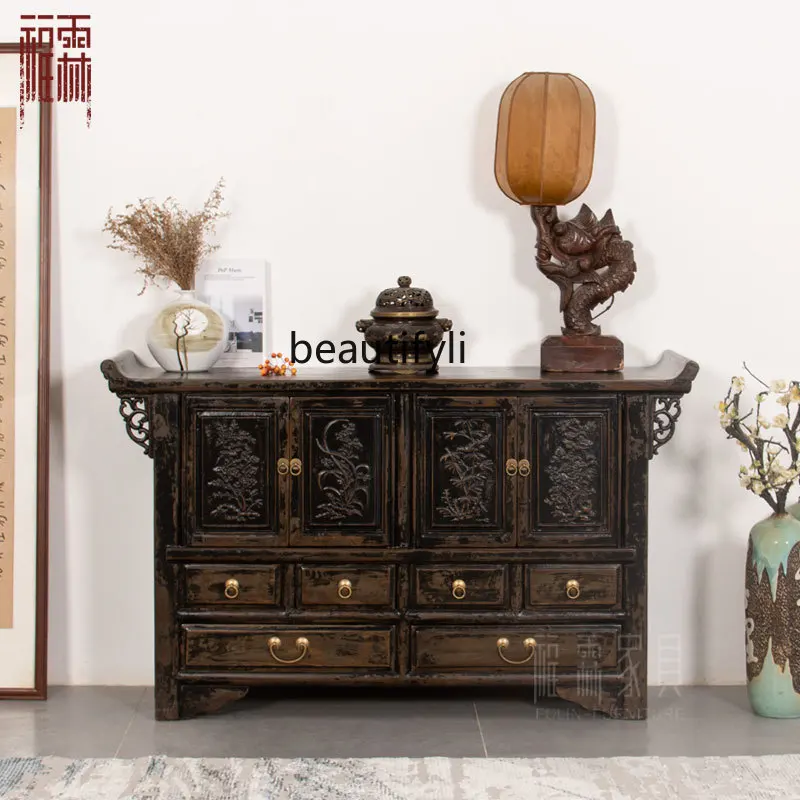 Chinese Style Entrance Hallway Locker Painted Lacquer Side Cabinet Retro Warped Head Dining Side Storage Cabinet