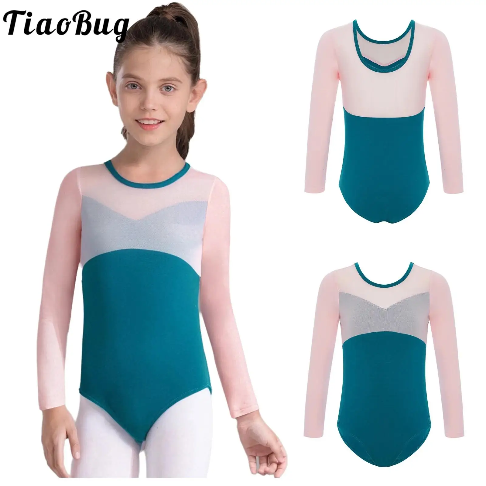 

Girls Dance Ballet Leotards Long Sleeve Sheer Mesh Bodysuit Gymnastic Leotards Dance Wear for Kids Ballerina Performance Costume