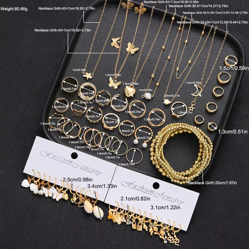 65Pcs Vintage Boho Gold Color Jewelry Set For Women Fashion Butterfly Star Heart Pearl Zircon Earring Ring Necklace Bracelet Set view 6