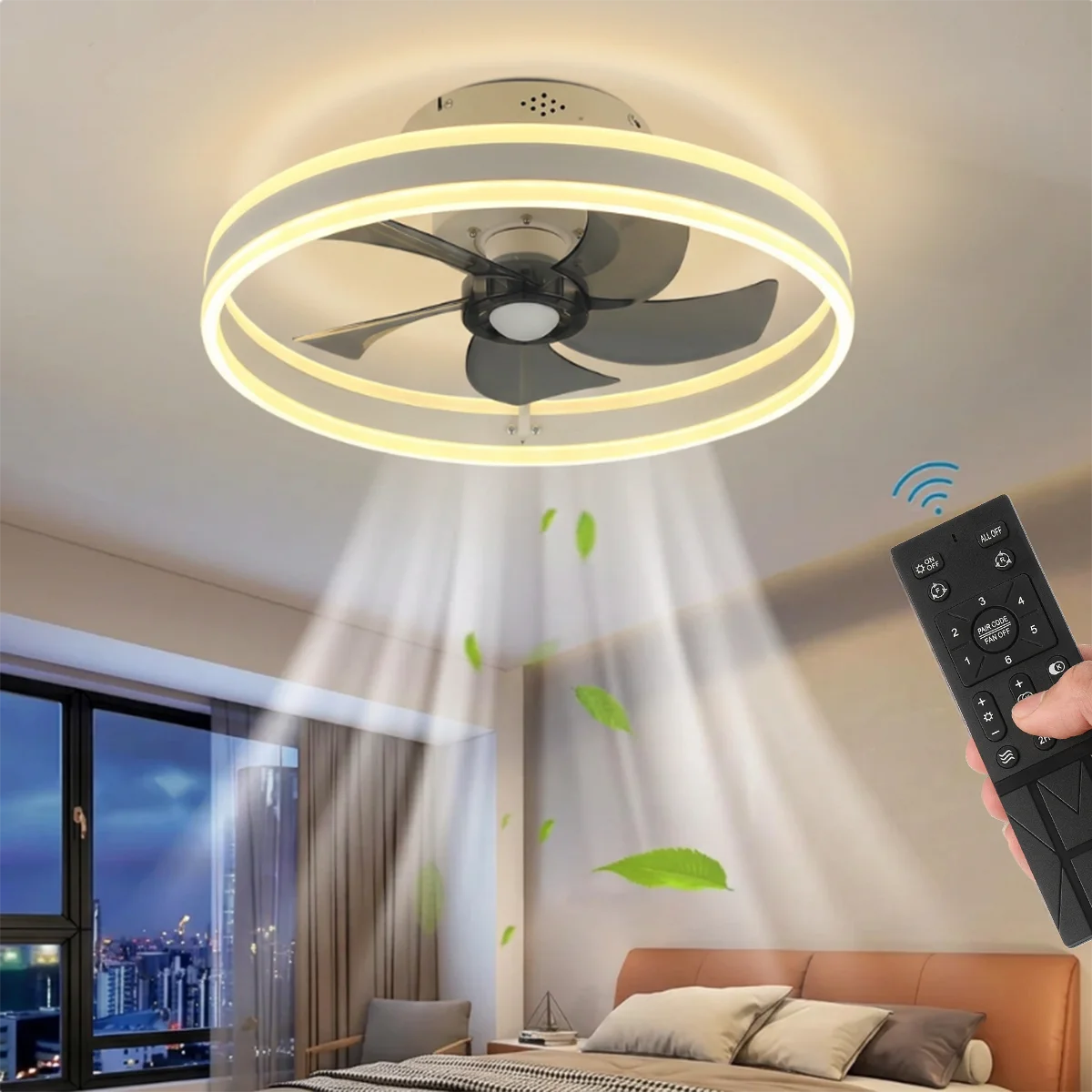 LED-Deckenventilator mit Licht und Fernbedienung, dimmbare Deckenlampe mit Ventilator für Schlafzimmer, Wohnzimmer, Küche, Esszimmer, 6 Windgeschwindigkeiten, geräuscharm, L x B 50 cm