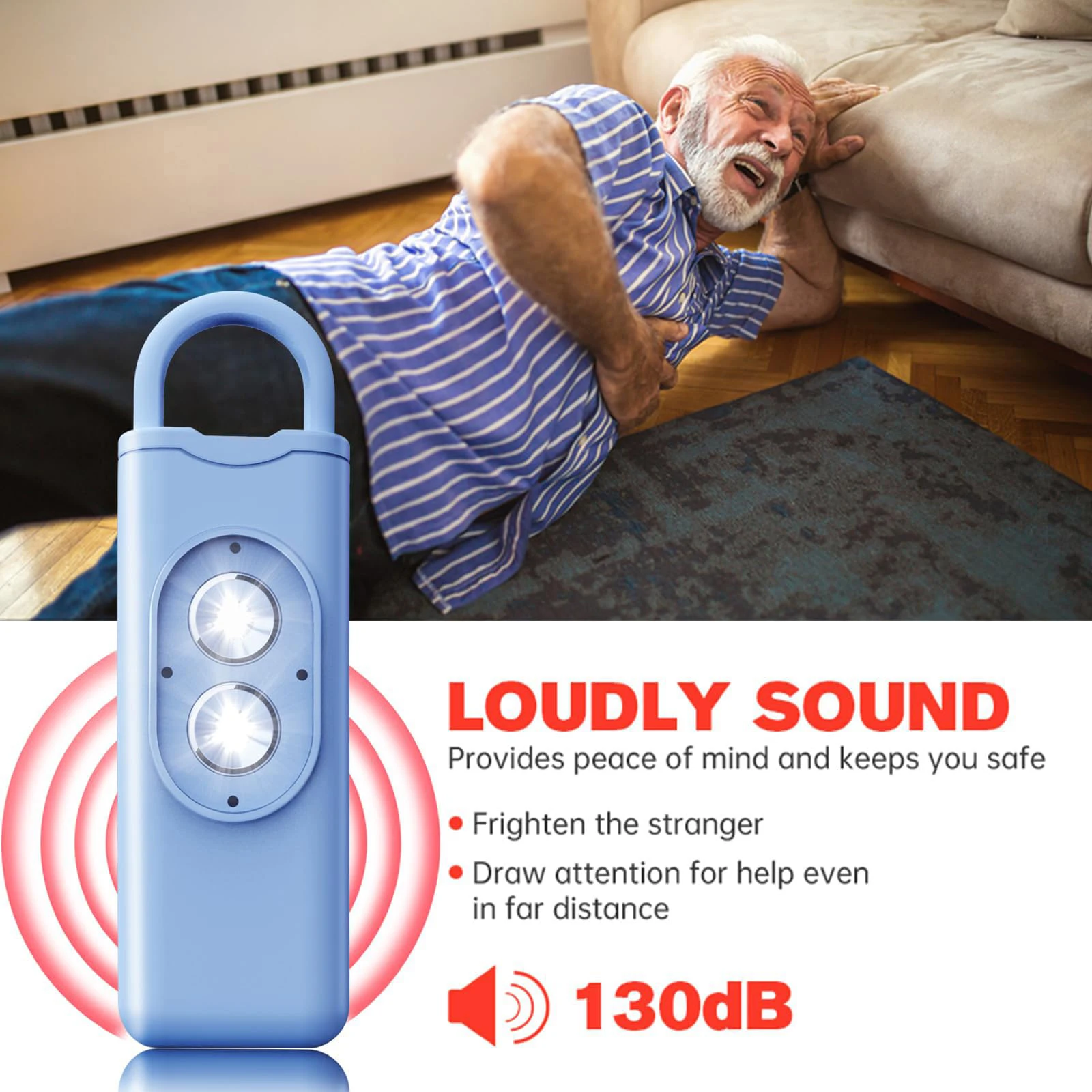 

Сирена для самообороны, перезаряжаемая, с функцией экстренного оповещения, брелок, 130 дБ, громкая сирена со светодиодной стробоскопической подсветкой для женщин, детей и пожилых людей