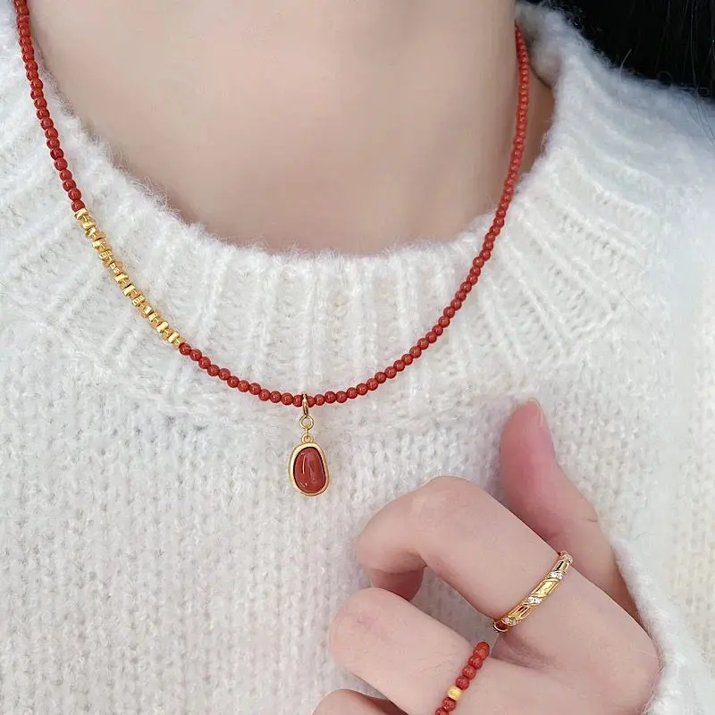 UMQ New Chinese style broken silver south red necklace full color full meat persimmon red clavicle chain acacia bean pendant