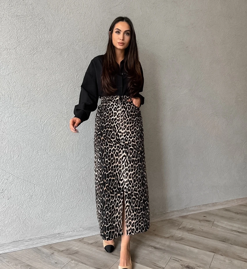 

New Leopard Print High Waist Split Straight Tube Skirt Sexy f Body Skirt A-Line Long Skirt mid Waist Design