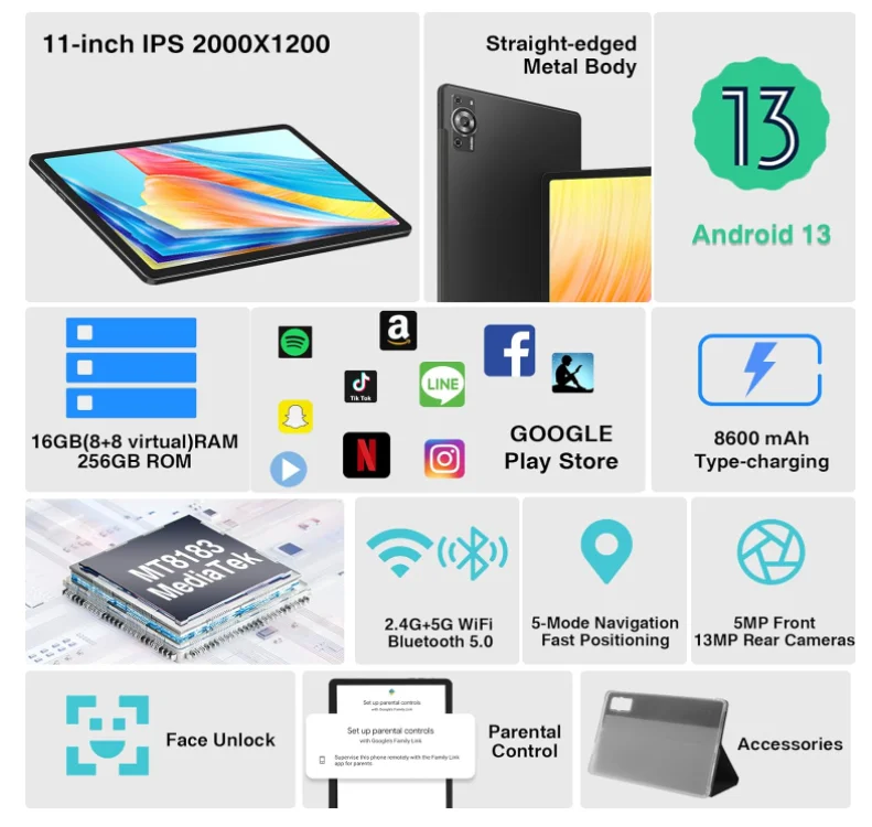 Pc Tablet 12inch Tablet Android 13 16GB RAM 256GB ROM TF 1TB Octa-core 2.0GHz Google GMS Bluetooth  5G WiFi Oem Android Tablet