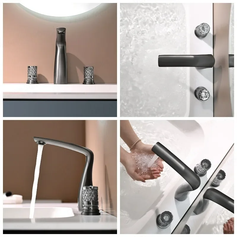 

Modern Solid Brass Brushed Gold Bathroom Faucet Hot Cold Mixer Taps Three Hole Vanity Sink Mixer Tap