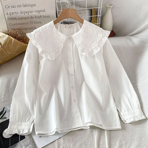 Imagen 2 del producto Camisa blanca con cuello Peter Pan de estilo Preppy para mujer, blusas holgadas informales de manga larga para primavera y verano para estudiantes, camisas con botones Kawaii