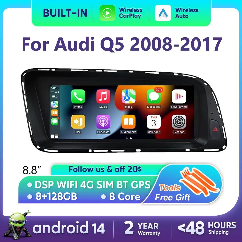 Android 14 CarPlay Car Radio Multimedia Player For Audi Q5 2008-2017 MMI 2G 3G IPS Touch Screen Navi GPS 4G WiFi DSP